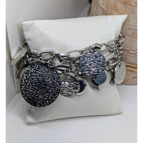 Vintage MultiChain Metal Silvertone Hammered Discs~Crystal Charm Toggle Bracelet - Picture 1 of 6
